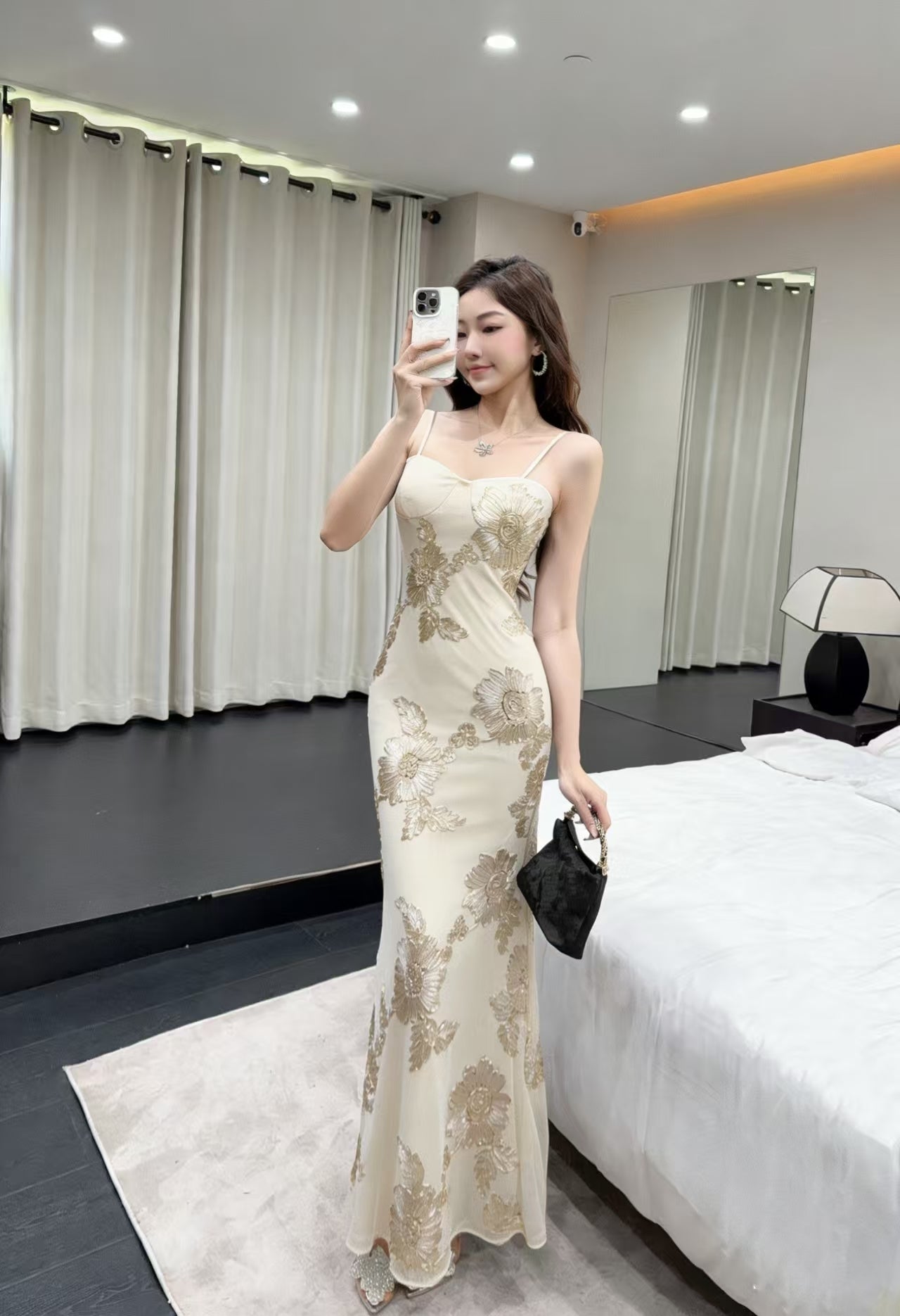 Luxurious Floral Embroidered Bodycon Maxi Dress