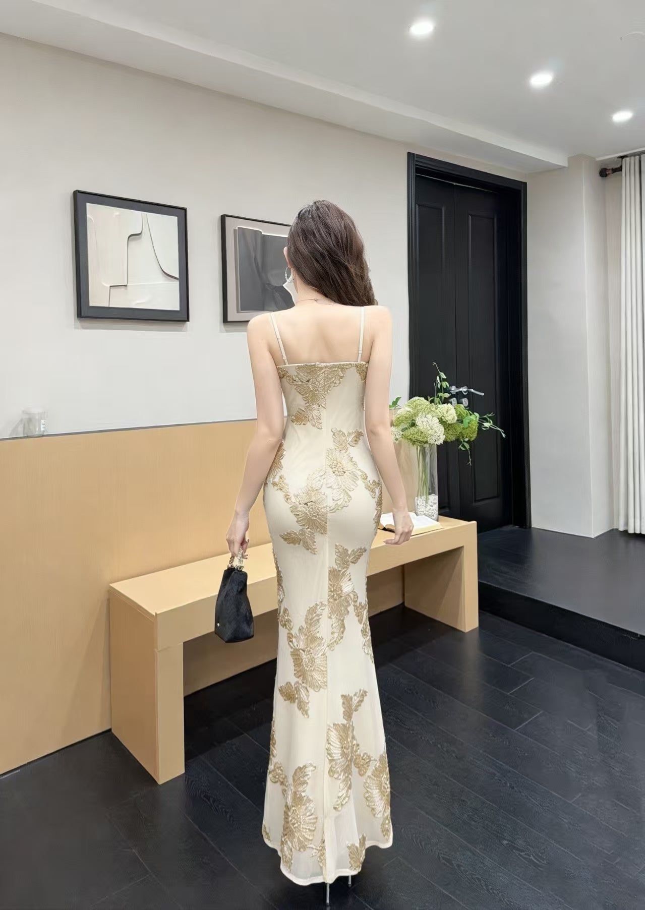 Luxurious Floral Embroidered Bodycon Maxi Dress