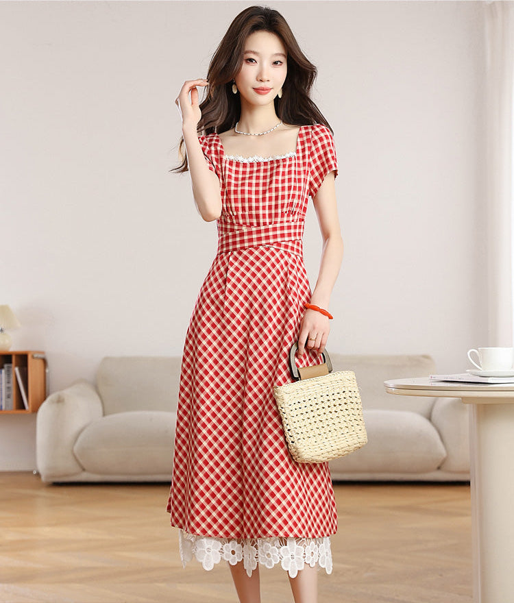 Retro Red Plaid Short-Sleeve Midi Dress