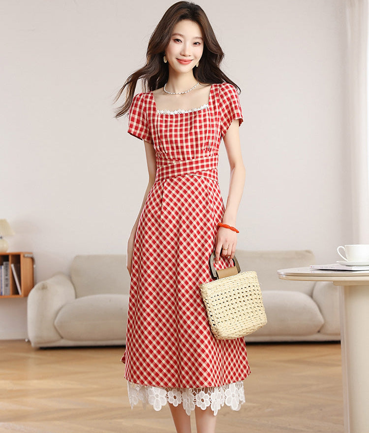 Retro Red Plaid Short-Sleeve Midi Dress