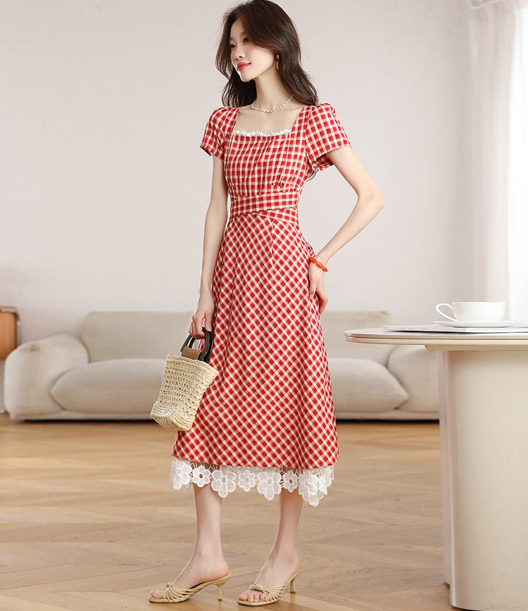 Retro Red Plaid Short-Sleeve Midi Dress
