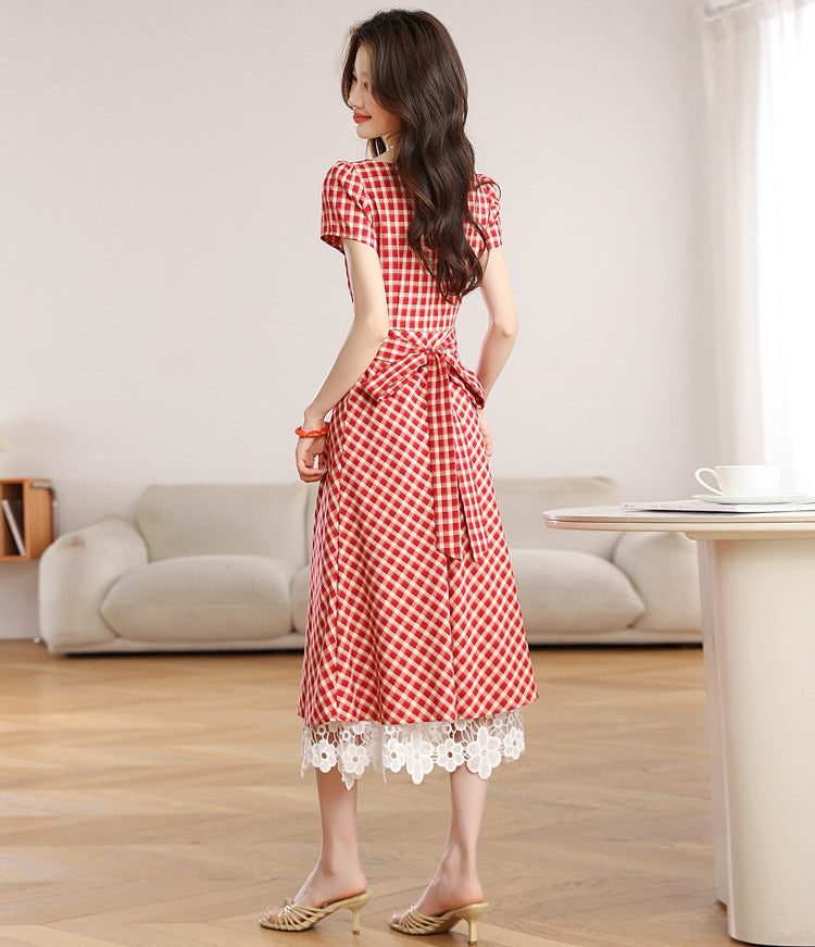 Retro Red Plaid Short-Sleeve Midi Dress