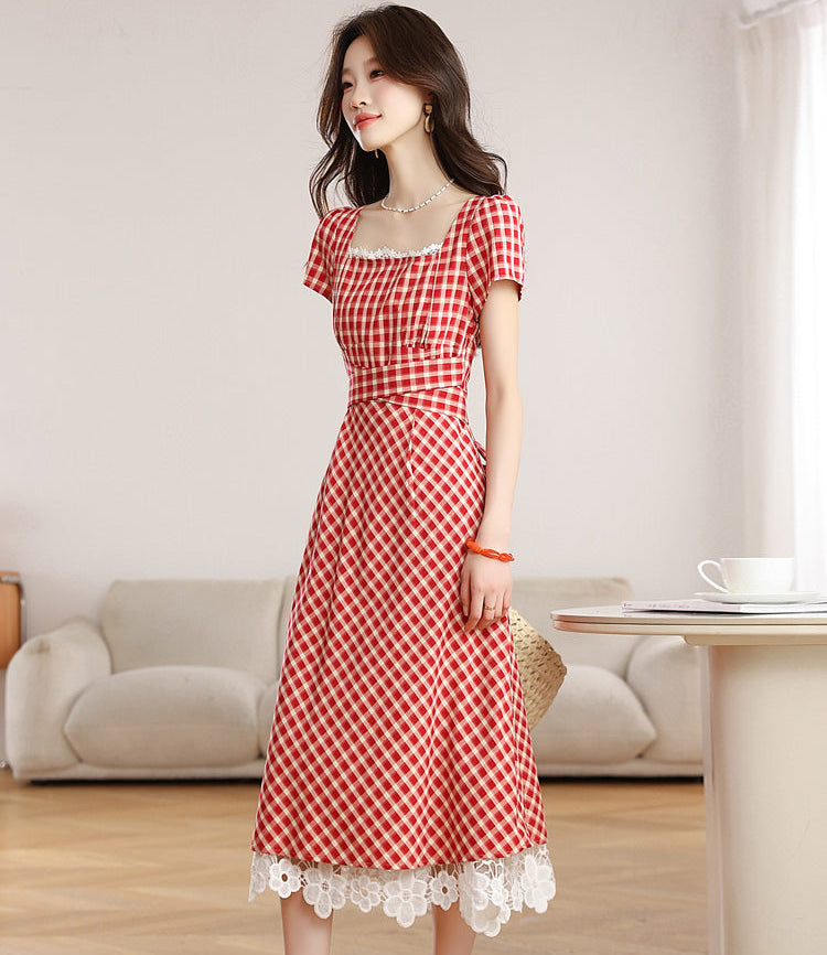 Retro Red Plaid Short-Sleeve Midi Dress