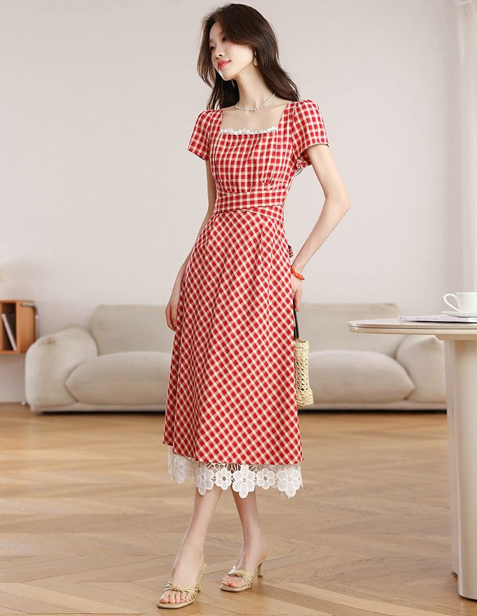 Retro Red Plaid Short-Sleeve Midi Dress
