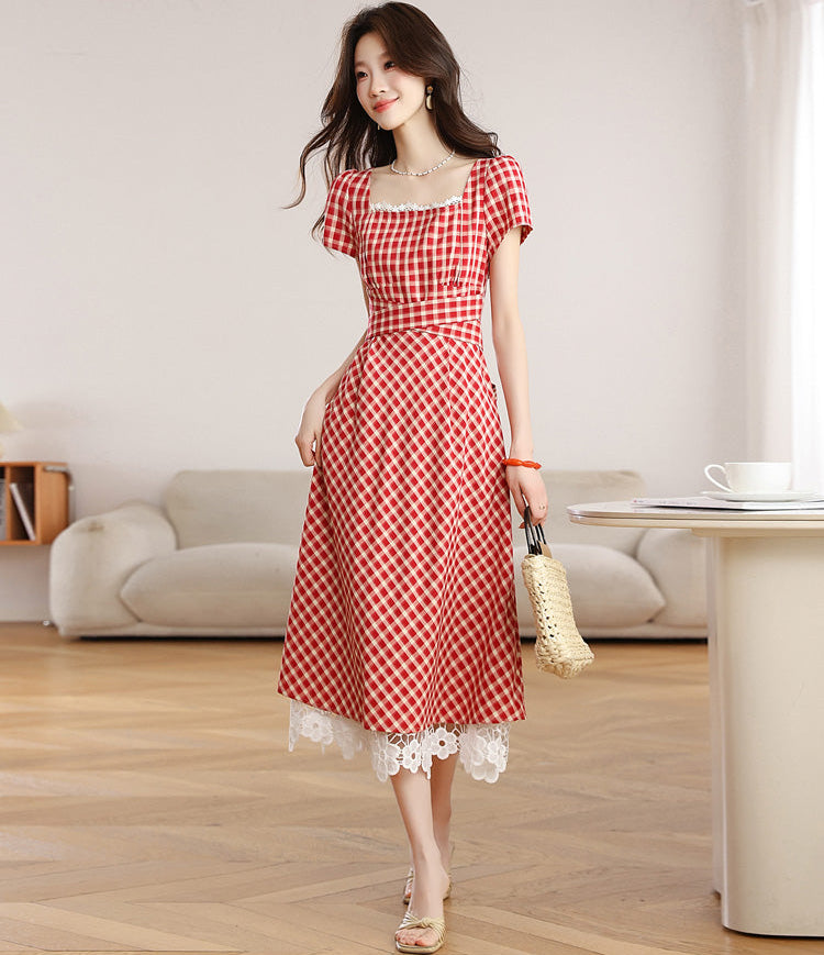 Retro Red Plaid Short-Sleeve Midi Dress