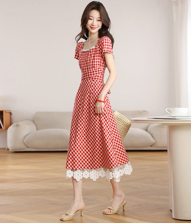 Retro Red Plaid Short-Sleeve Midi Dress