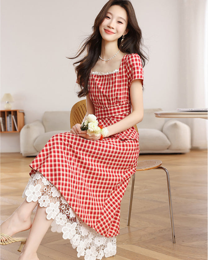Retro Red Plaid Short-Sleeve Midi Dress