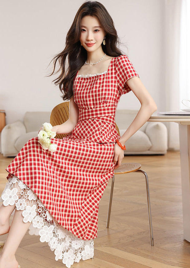 Retro Red Plaid Short-Sleeve Midi Dress