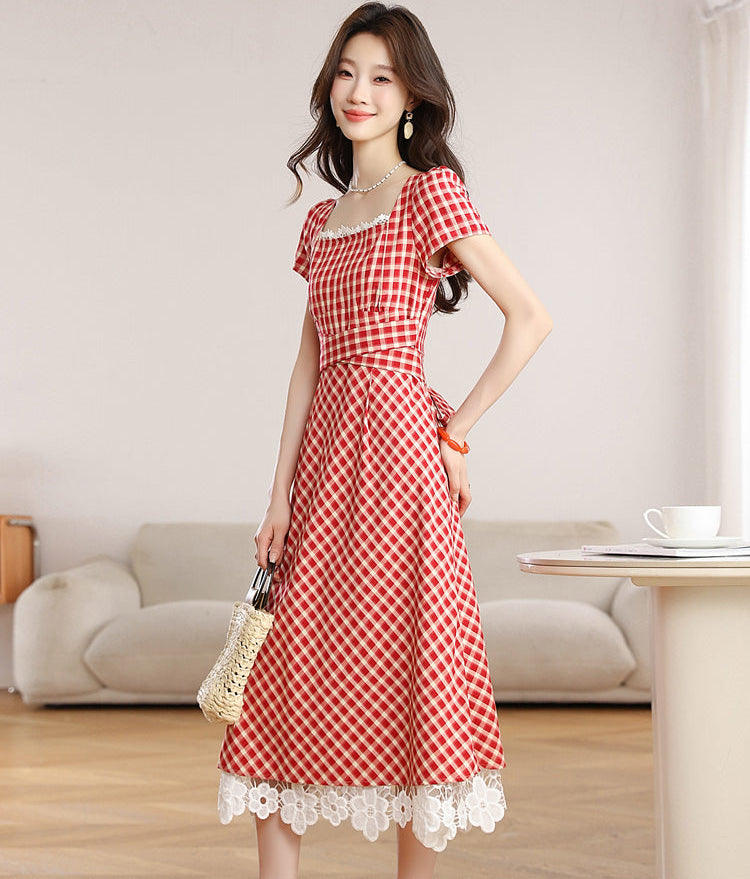 Retro Red Plaid Short-Sleeve Midi Dress