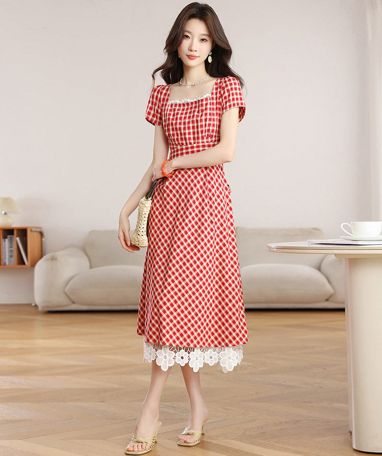 Retro Red Plaid Short-Sleeve Midi Dress