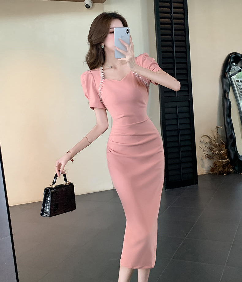 Sweetheart Puff-Sleeve Bodycon Midi with Pearl Accents