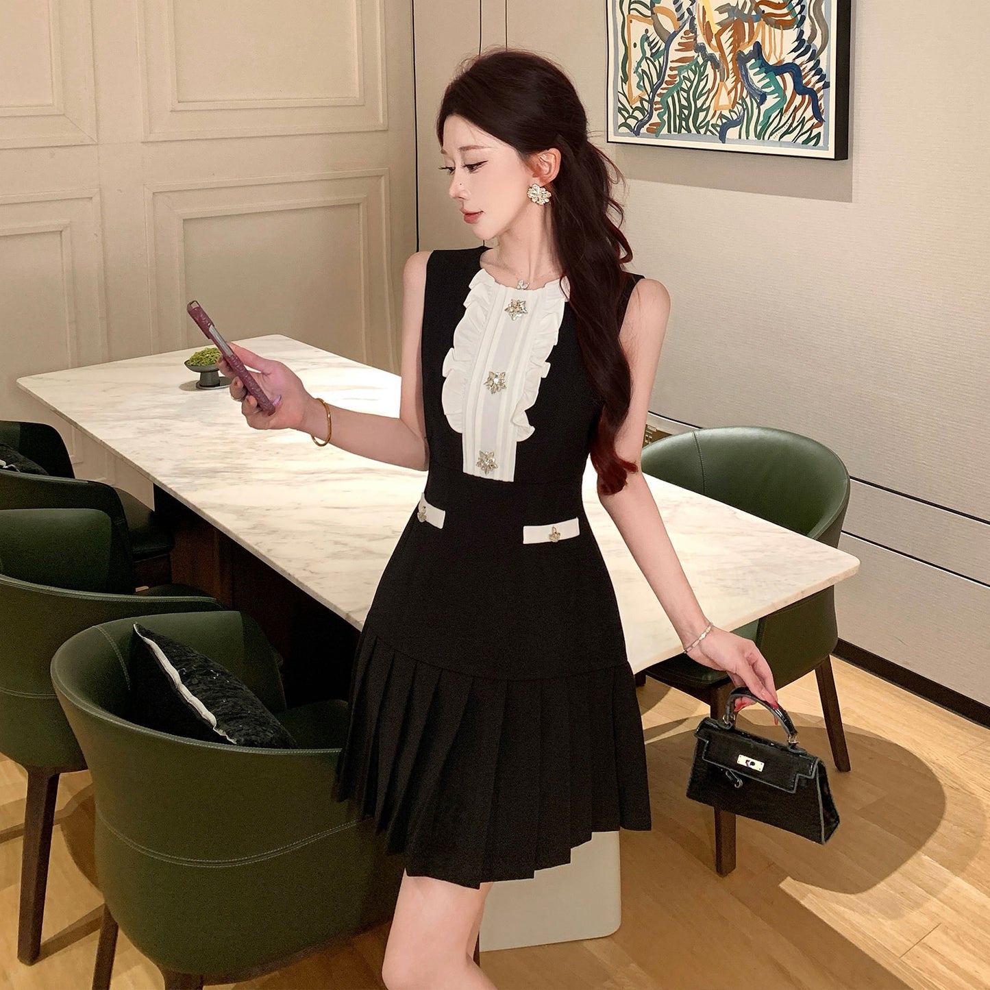 Eleanor Vintage Ruffle Pleated Mini Dress