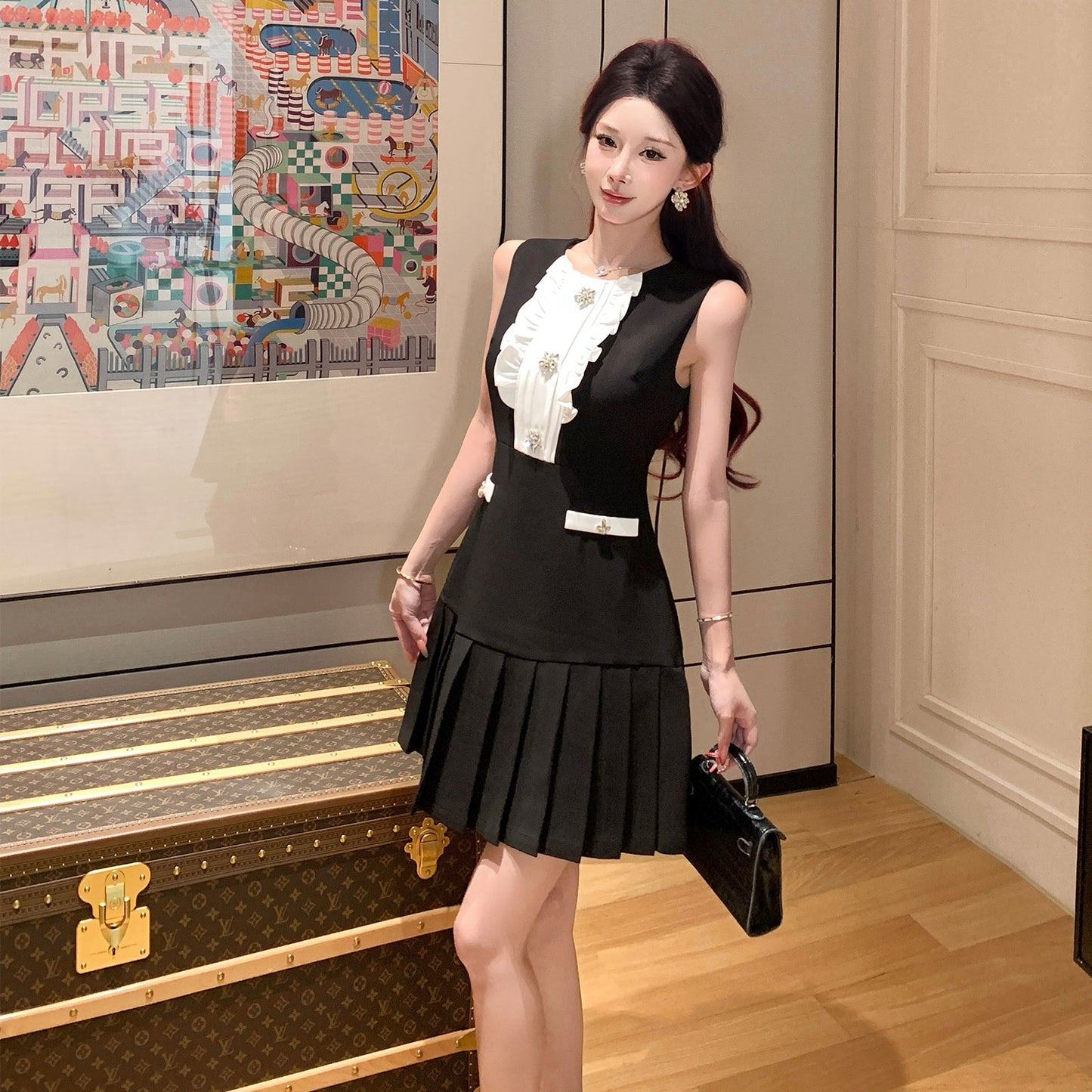 Eleanor Vintage Ruffle Pleated Mini Dress