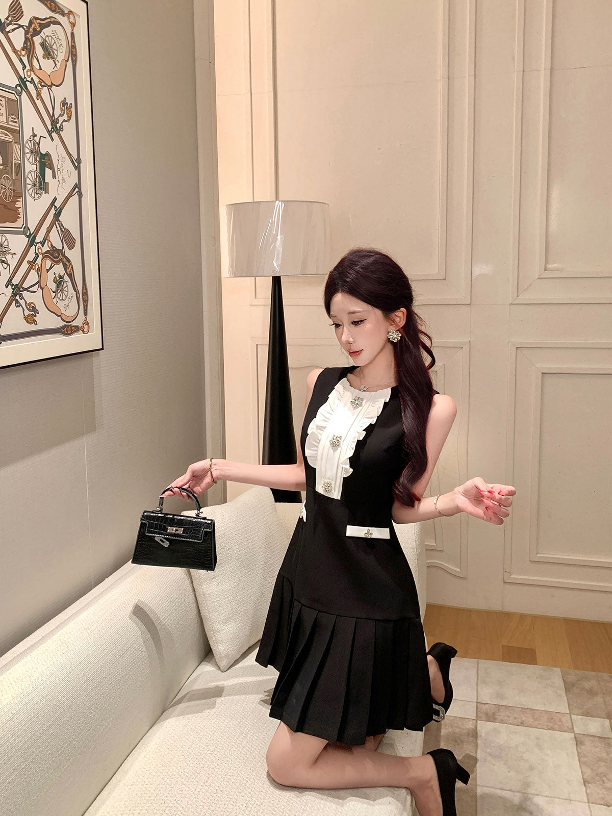 Eleanor Vintage Ruffle Pleated Mini Dress
