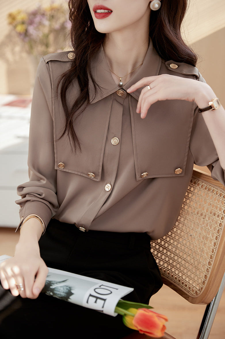 Minimalist Taupe Epaulet Storm Flap Blouse
