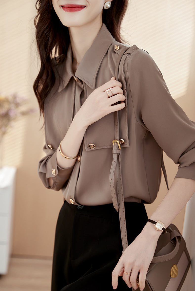 Minimalist Taupe Epaulet Storm Flap Blouse