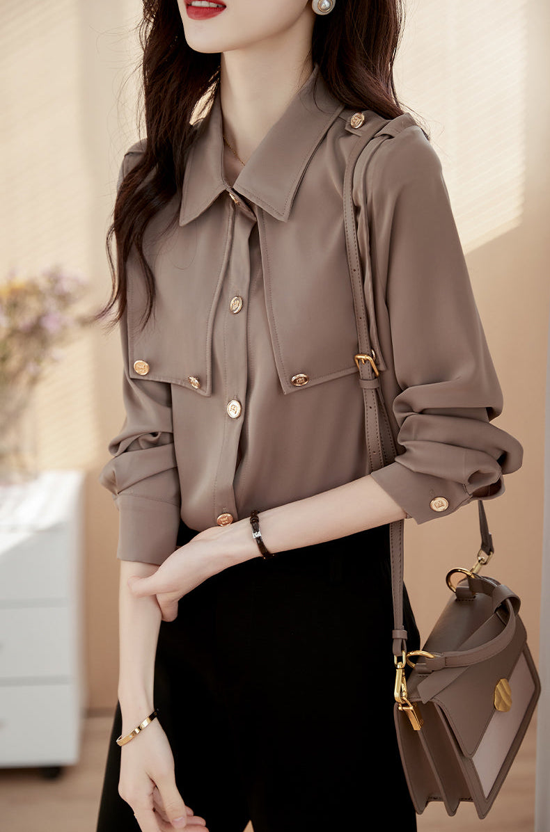 Minimalist Taupe Epaulet Storm Flap Blouse
