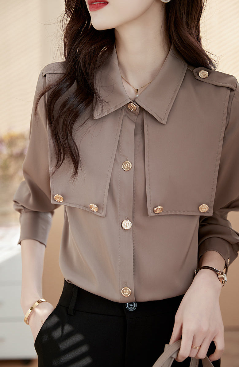 Minimalist Taupe Epaulet Storm Flap Blouse