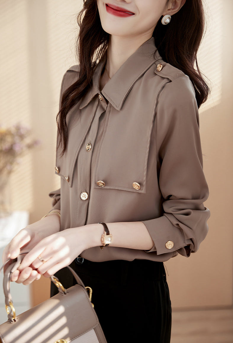 Minimalist Taupe Epaulet Storm Flap Blouse