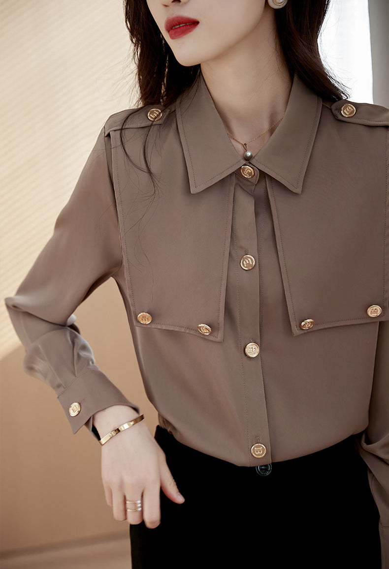 Minimalist Taupe Epaulet Storm Flap Blouse