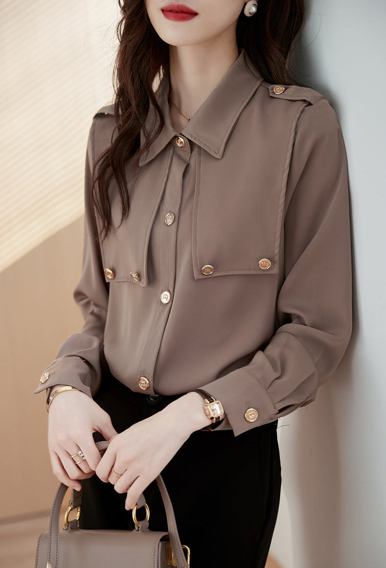Minimalist Taupe Epaulet Storm Flap Blouse