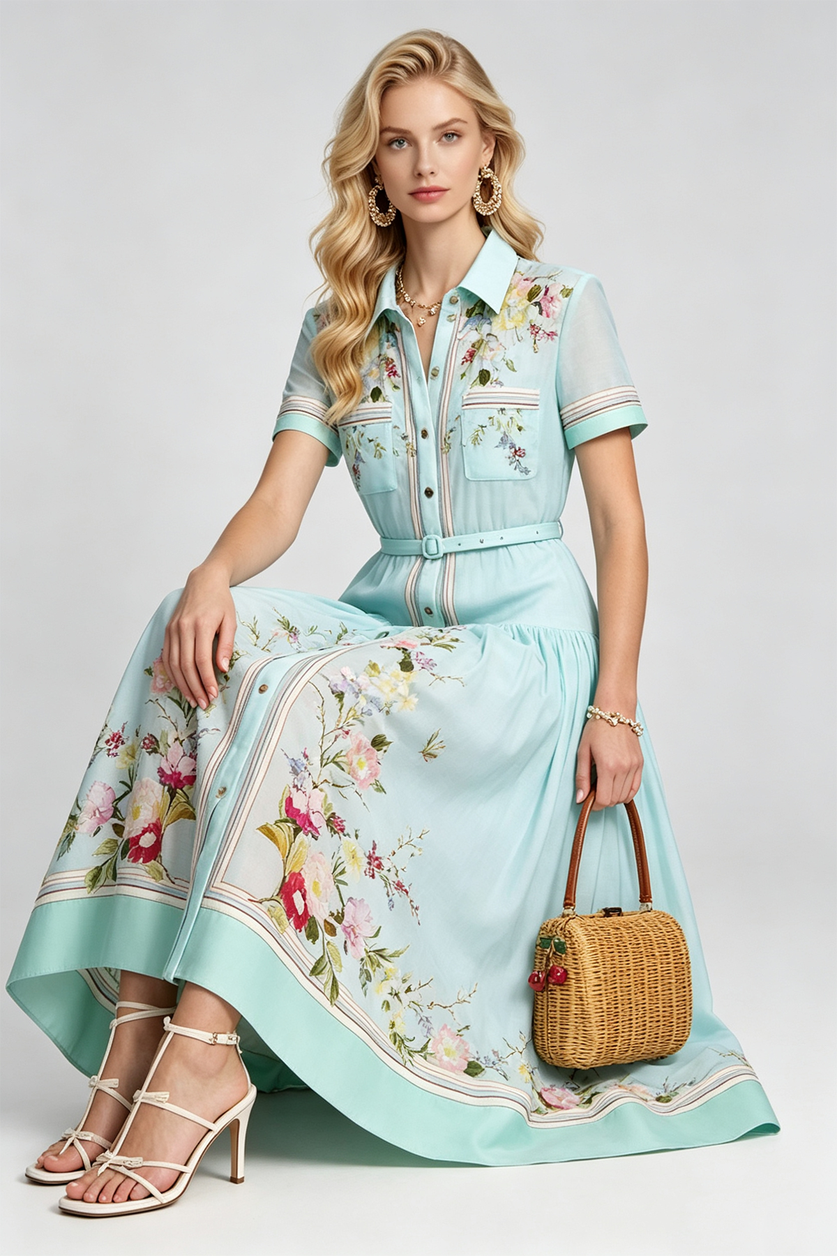 Mint Blossom Pleated Maxi Dress