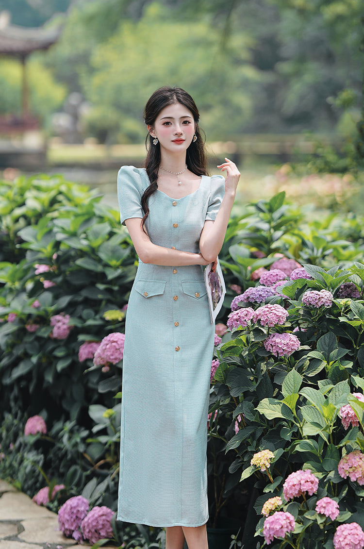 Mint Green Puff Sleeve Square Neck Button- Down Midi Dress