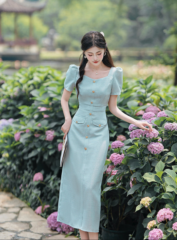 Mint Green Puff Sleeve Square Neck Button- Down Midi Dress