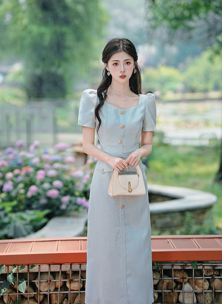 Mint Green Puff Sleeve Square Neck Button- Down Midi Dress
