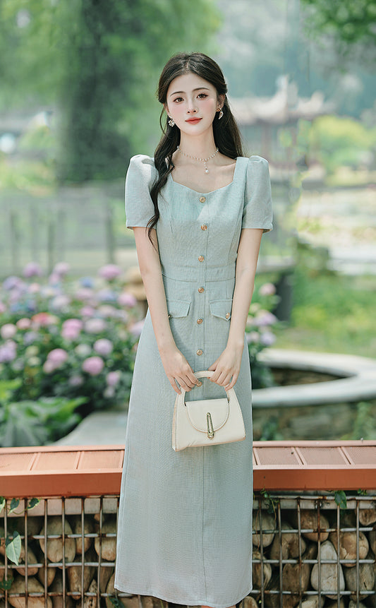 Mint Green Puff Sleeve Square Neck Button- Down Midi Dress