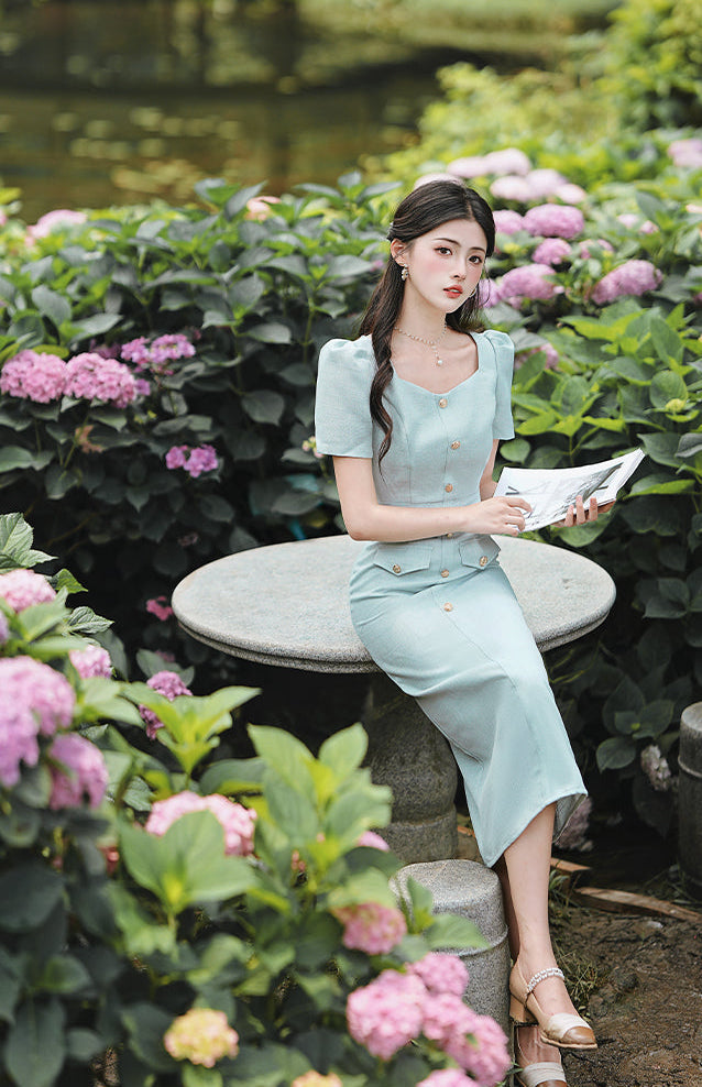 Mint Green Puff Sleeve Square Neck Button- Down Midi Dress