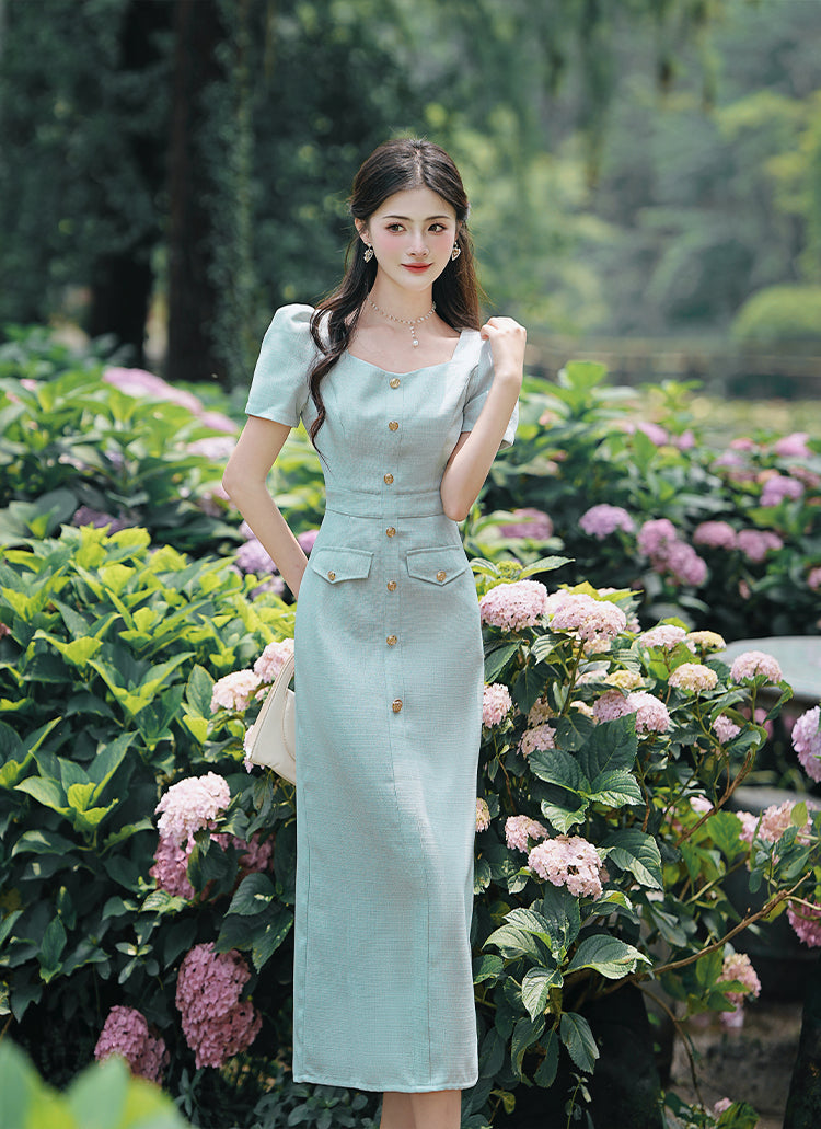 Mint Green Puff Sleeve Square Neck Button- Down Midi Dress
