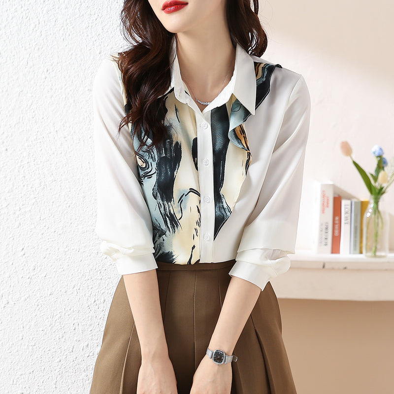 Modern Abstract Ink Print Button-Down Blouse with Ruffled Trim Accent