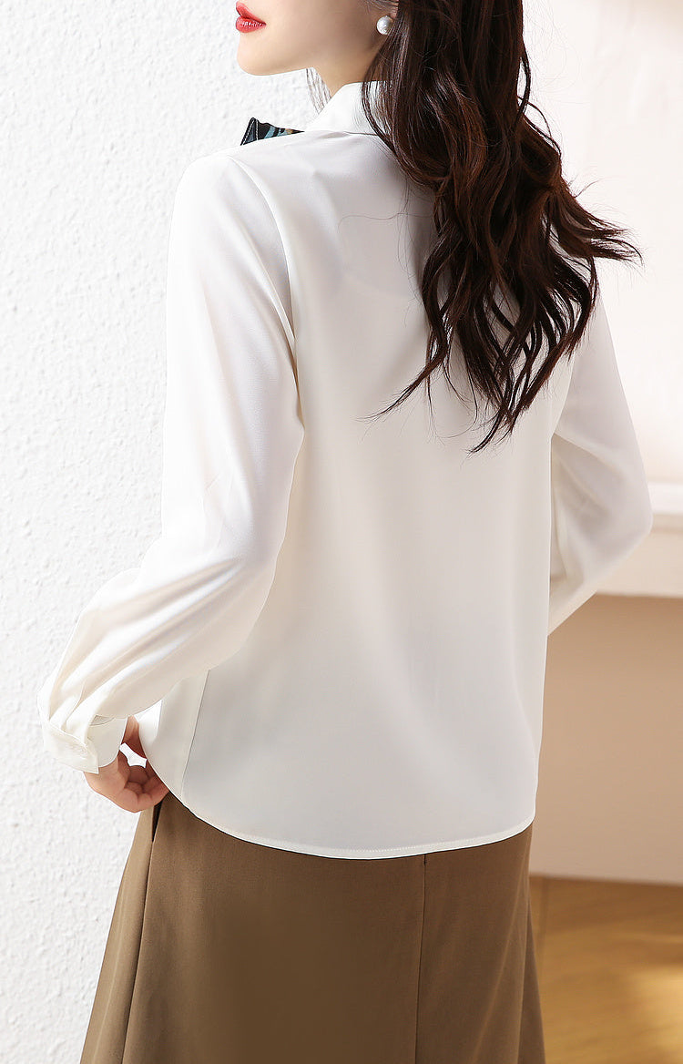 Modern Abstract Ink Print Button-Down Blouse with Ruffled Trim Accent