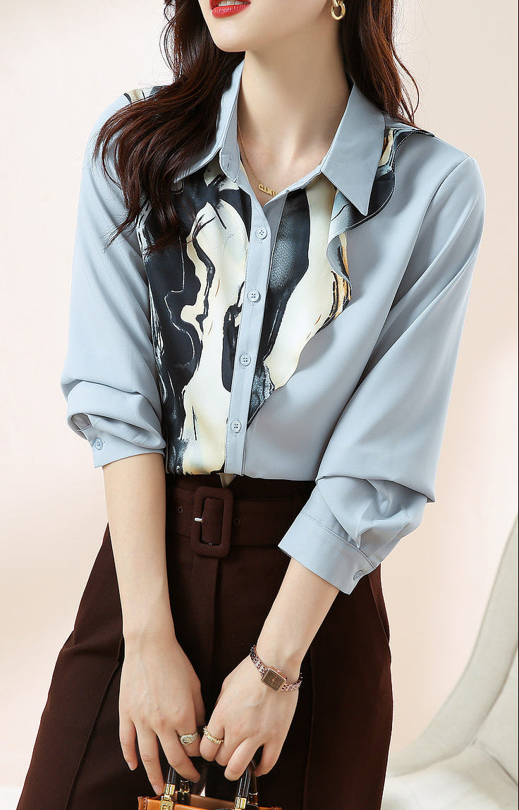 Modern Abstract Ink Print Button-Down Blouse with Ruffled Trim Accent