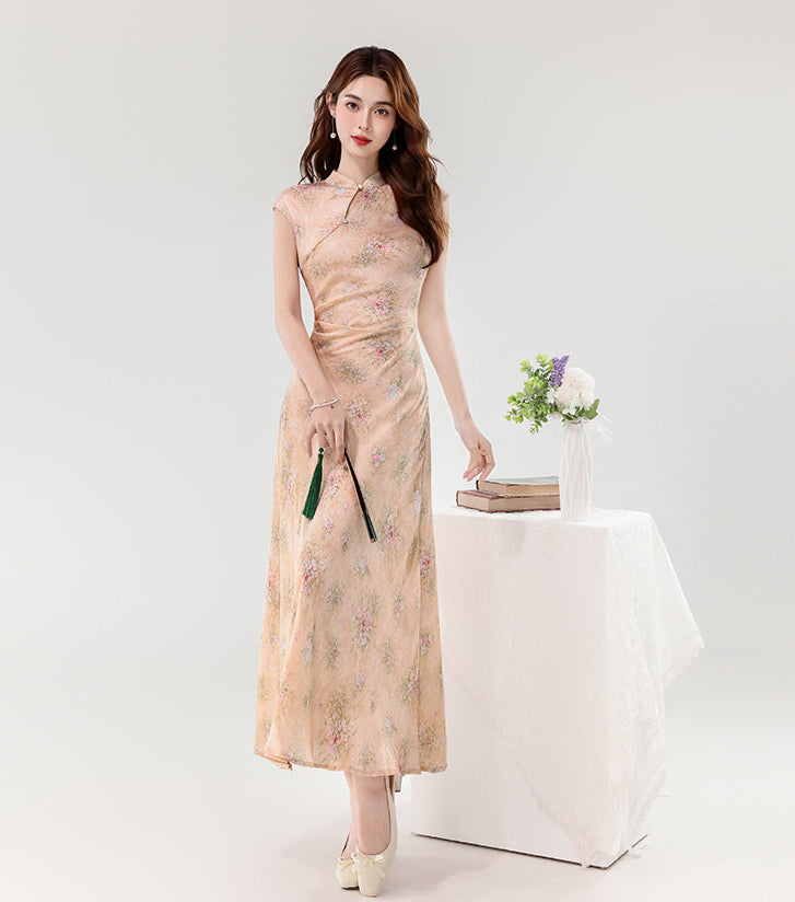 Ethereal Peony Modern Qipao - Pastel Floral A-Line Maxi