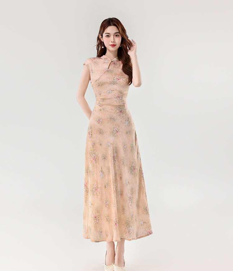 Ethereal Peony Modern Qipao - Pastel Floral A-Line Maxi