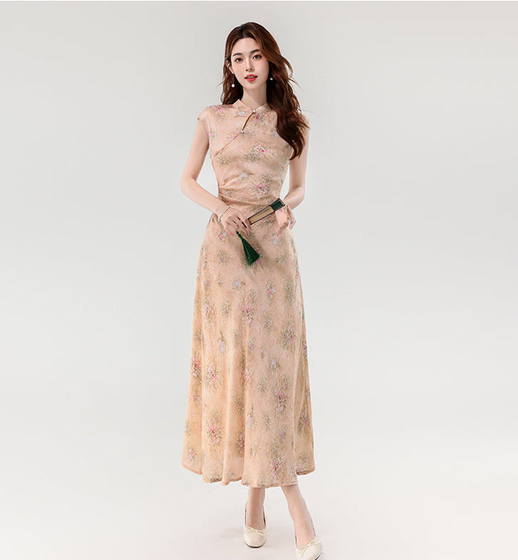Ethereal Peony Modern Qipao - Pastel Floral A-Line Maxi