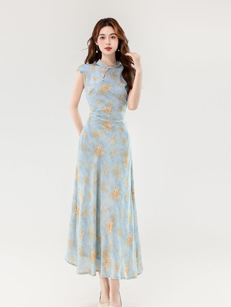 Ethereal Peony Modern Qipao - Pastel Floral A-Line Maxi