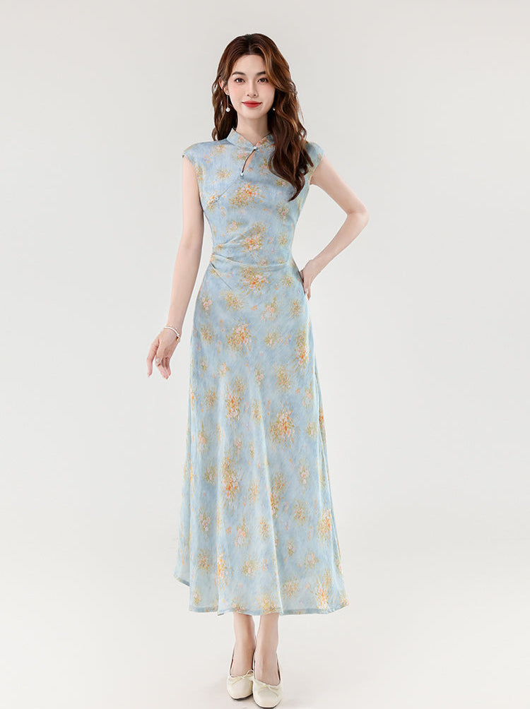 Ethereal Peony Modern Qipao - Pastel Floral A-Line Maxi