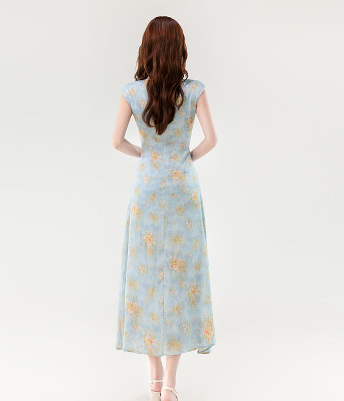 Ethereal Peony Modern Qipao - Pastel Floral A-Line Maxi
