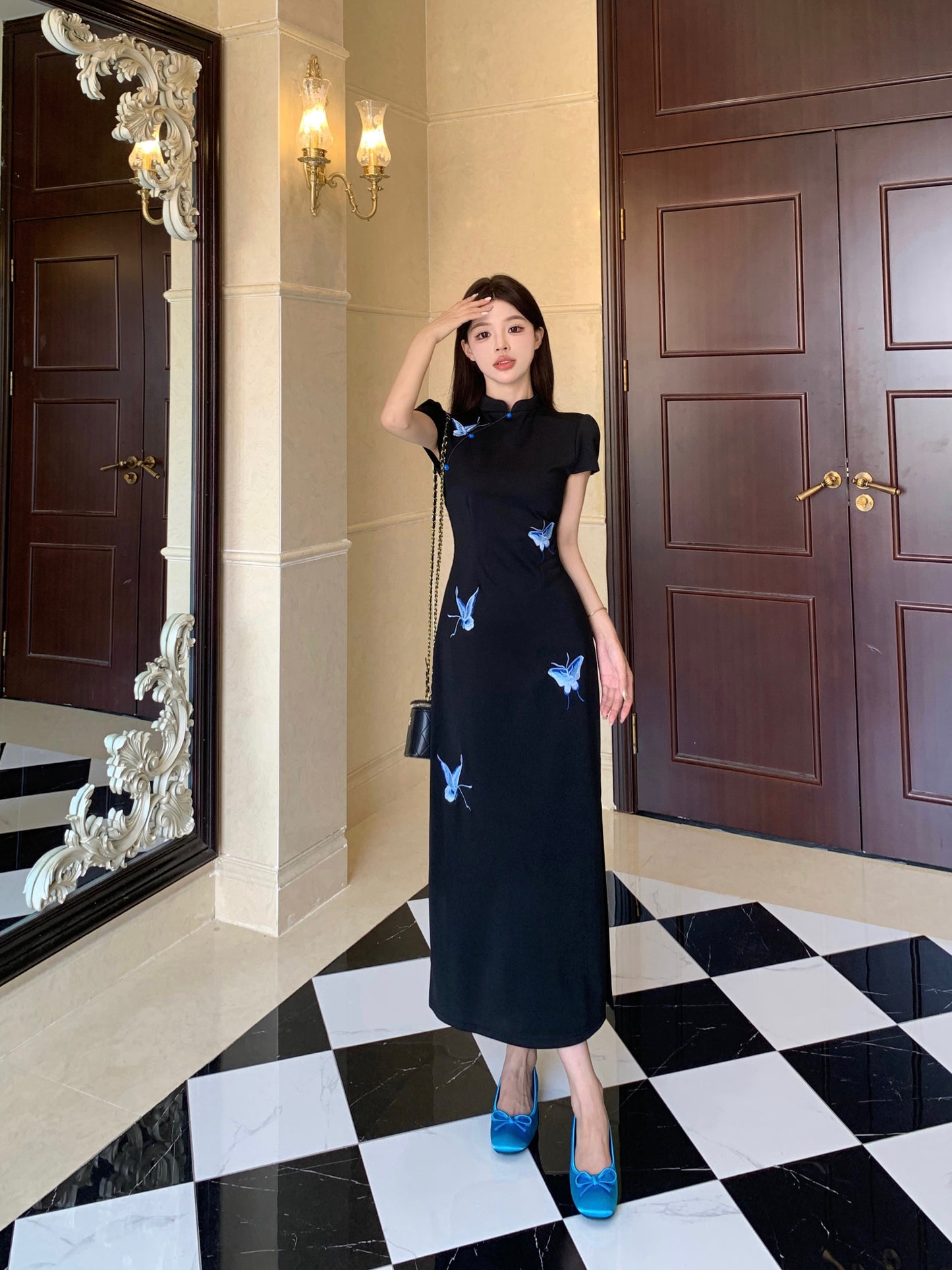 Butterfly Motif Cut-Out Back Qipao Evening Gown