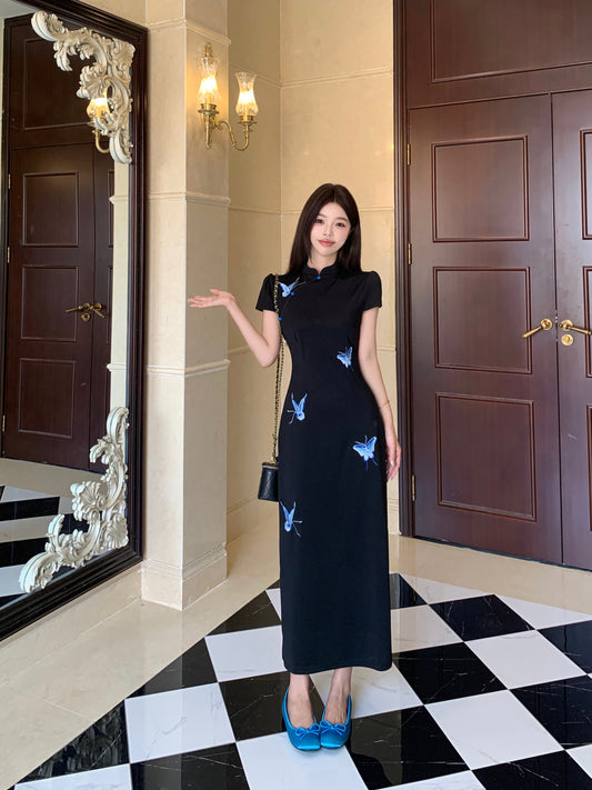 Butterfly Motif Cut-Out Back Qipao Evening Gown