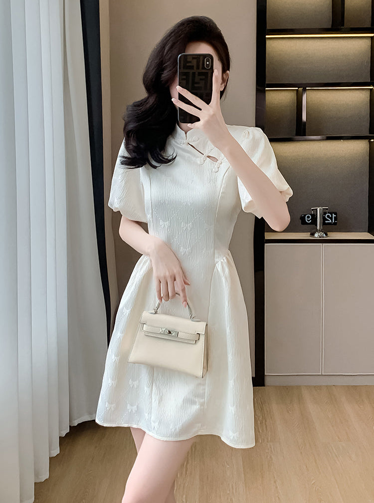 Aurora Cream Puff-Sleeve Cheongsam Mini Dress