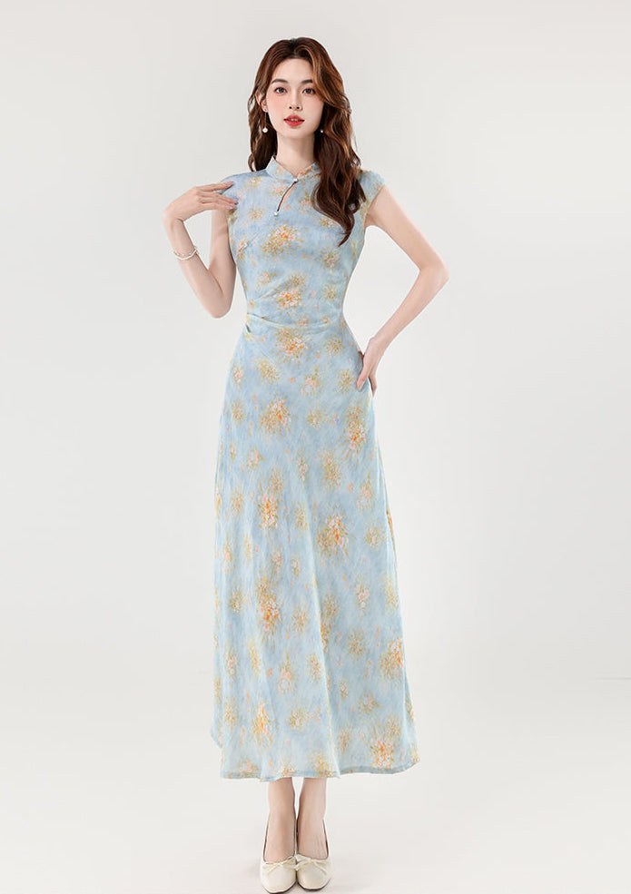 Ethereal Peony Modern Qipao - Pastel Floral A-Line Maxi