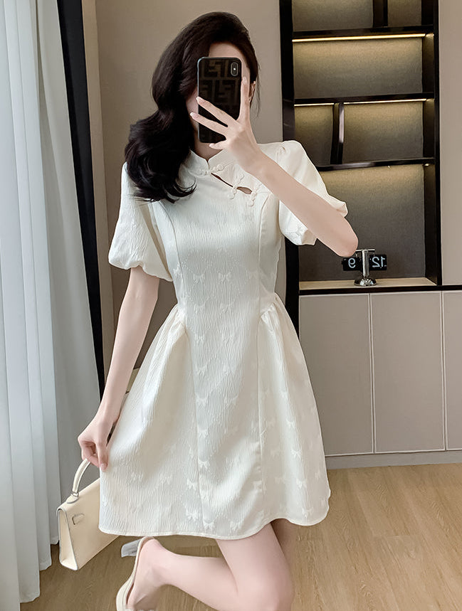 Aurora Cream Puff-Sleeve Cheongsam Mini Dress