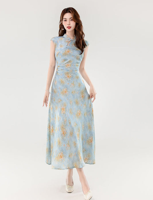 Ethereal Peony Modern Qipao - Pastel Floral A-Line Maxi