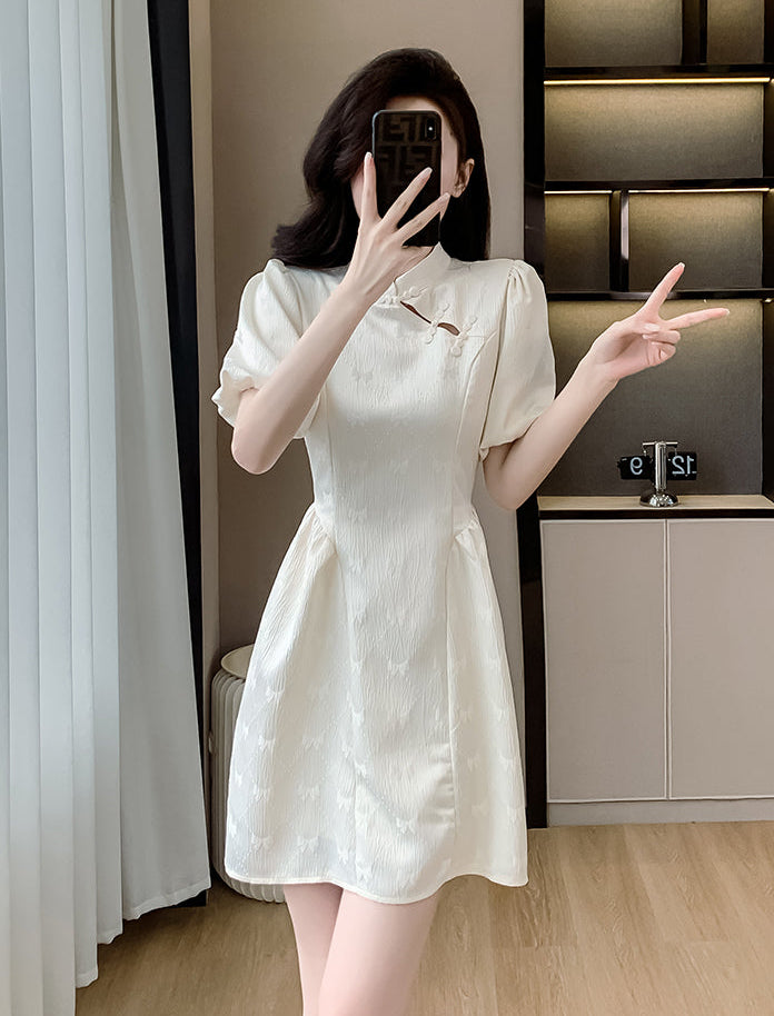 Aurora Cream Puff-Sleeve Cheongsam Mini Dress
