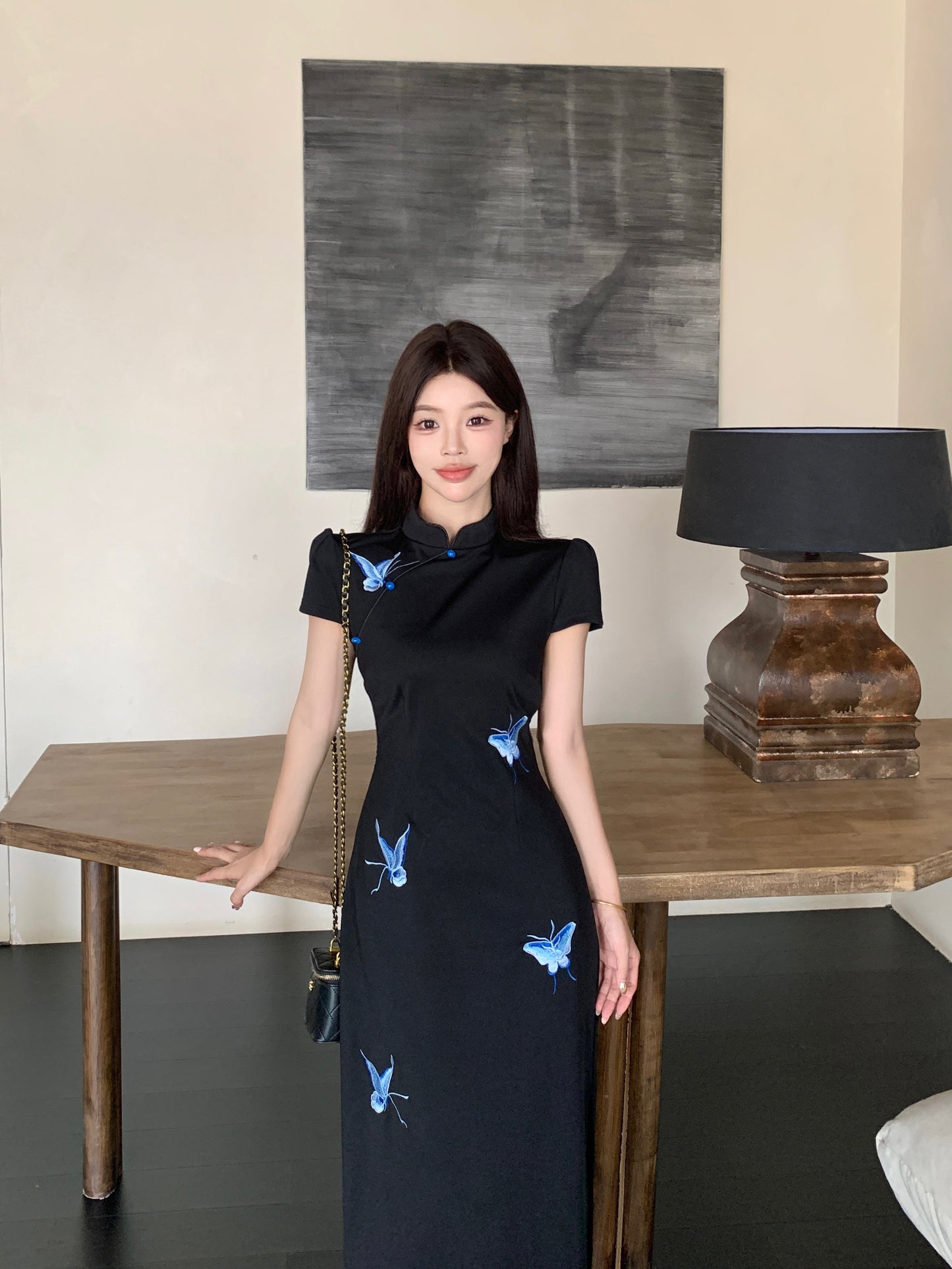 Butterfly Motif Cut-Out Back Qipao Evening Gown