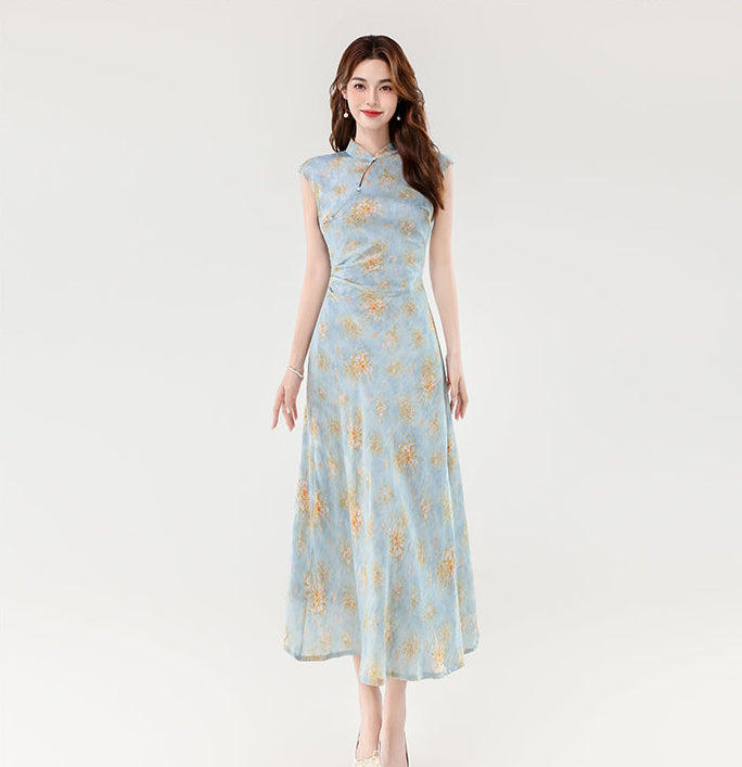Ethereal Peony Modern Qipao - Pastel Floral A-Line Maxi